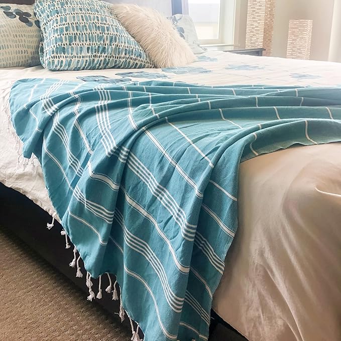 Bersuse Towels Anatolia XL Beach Blanket Throw Blanket Turkish Towel 100% Cotton Extra-Large Quick-Dry Lightweight Premium Peshtemal Towel - 61x82 Inches, Aqua (Set of 6)