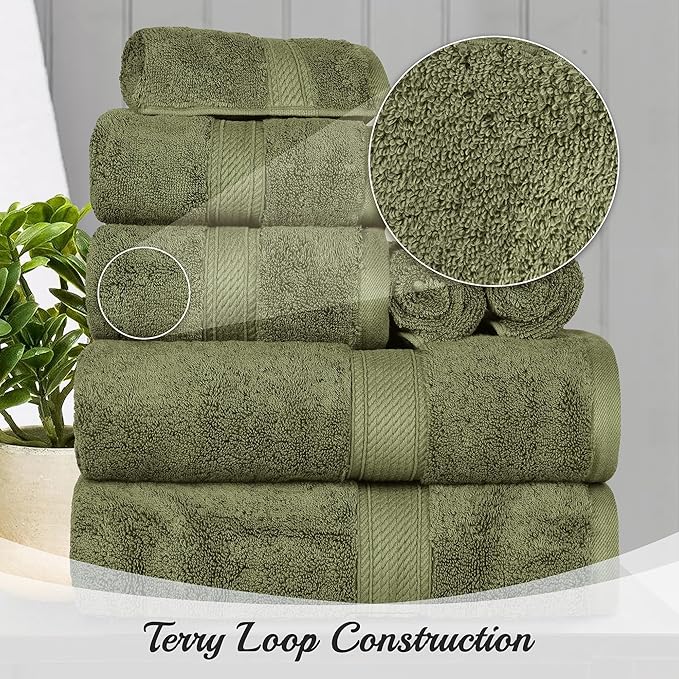 Superior Egyptian Cotton Pile 8 Piece Towel Set, Includes 2 Bath, 2 Hand, 4 Face Towels/ Washcloths, Ultra Soft Luxury Towels, Thick Plush Essentials, Guest Bath, Spa, Hotel Bathroom, Forest Green