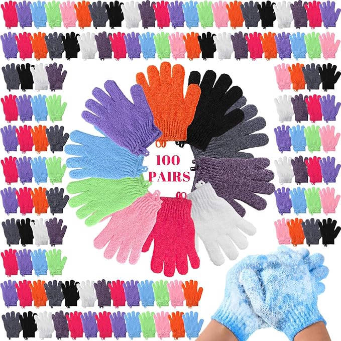 FoldTier 200 Pcs Exfoliating Gloves Bulk for Shower Body Double Sided Gloves Exfoliating Bath Mitt with Hanging Loop Bath for Women Men Bathing Skin Scrubber Accessories Beauty Spa(Multicolor)