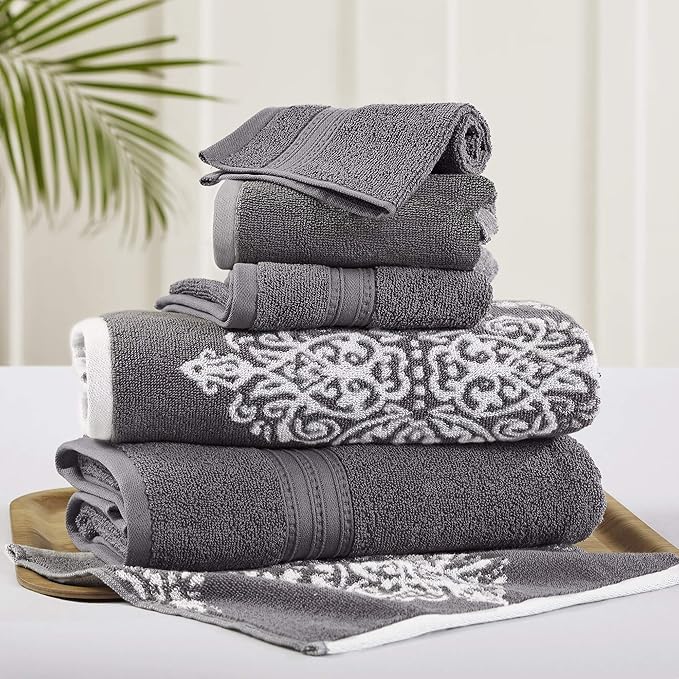 Modern Threads 6 Piece Reversible Yarn Dyed Jacquard Towel Set Artesia Damask Platinum