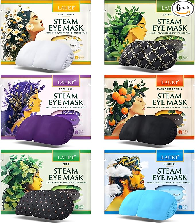 Heated Eye Steam Mask Dry Eyes Self Warm Compress Dark Circles Puffiness Set of Scent (Lavender, Chamomile, Green Tea, Mint, Mandarin Basilic, Unscented) Pack of 6 Masks for Women