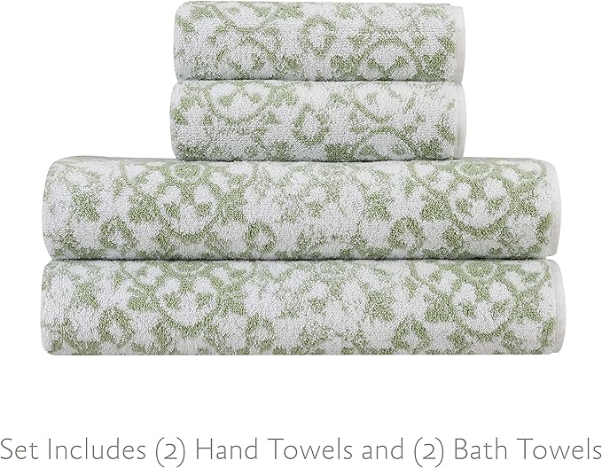 Jessica Simpson – Bath Towel 4 Piece Set, Aziza, Premium Bathroom Décor, Includes 2 Hand Towels and 2 Shower Towels, 100% Cotton & Machine Washable, Frosty Green