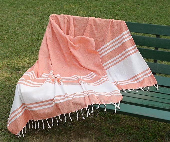 Goroly Home Cotton Turkish Peshtemal Beach Towel, Extra Large, Thin Quick Dry Sand Free Pool & Swim Towel, Bathing Blanket, Travel Essentials, (Orange, 36x71 Inches)