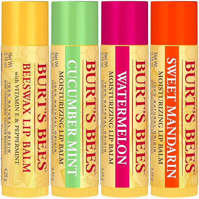 Burt's Bees Lip Balm - Original Beeswax, Cucumber Mint, Watermelon & Sweet Mandarin, With Responsibly Sourced Beeswax, Tint-Free, Natural Origin Treatment, 4 Tubes, 0.15 oz. (Pack of 12)