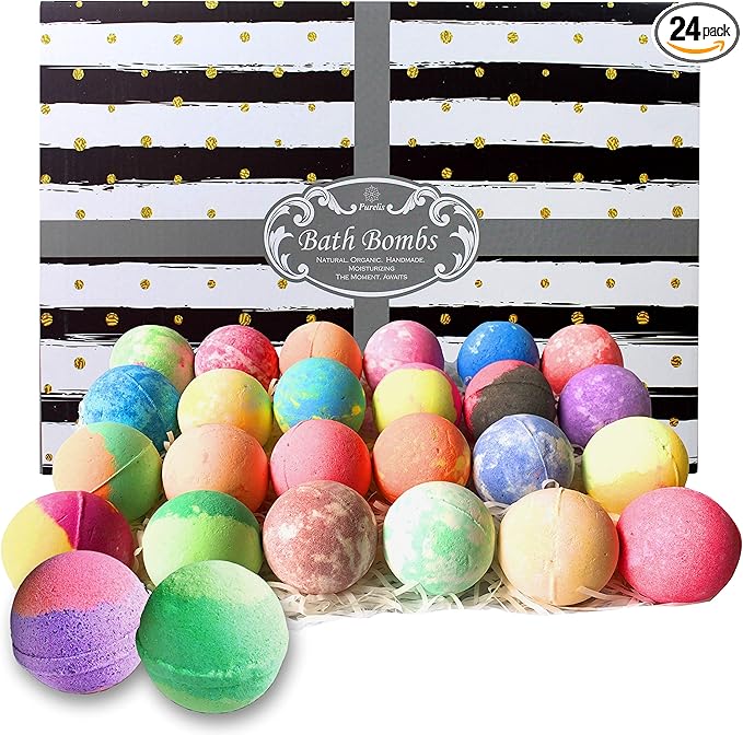 Bath Bombs Gift Set for Women and Men. 24 Luxury Bath Bombs Individually Wrapped Bulk Box. Moisturizing Organic Bath Bombs for Women, Men and Kids! Best Bath Bomb Set for Teens Too! Gifts for Him