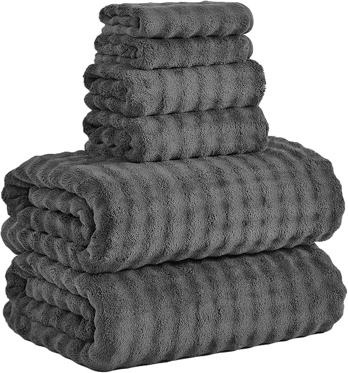 KBY Bath Towels Set 6 Piece 40x80 Inches，2 Extra Large Bath Sheets 2 Hand Towels 2 Washcloths，Highly Absorbent Quick Dry Microfiber,Ultra Soft Towel Set for Bathroom，Spa，Gym， Hotel (Charcoal Gray