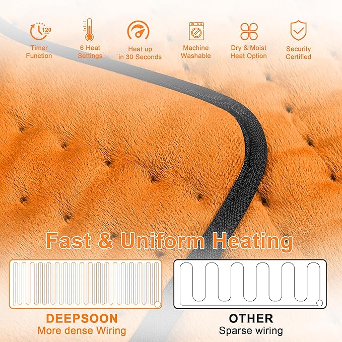 Deepsoon Heating Pad,Electric Heating Pads for Back,Neck,Moist Heating Pad for Abdomen Shoulder Knee Legs,Dry/Moist Heat&Auto Shut Off,Mother's Day Birthday for Men and Women,Orange Black,33x17 Inch