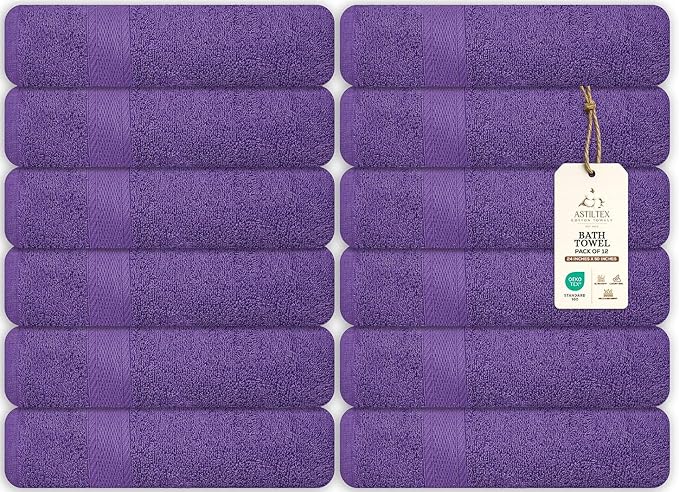 Large Bath Towels Bulk Set of 12 – 100% Cotton Terry – 24" x 50" – Quick Dry, Soft & Highly Absorbent – Purple Towels for Bathroom, Gym, Spa, Pool & Daily Use