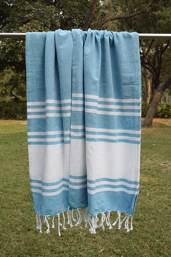 Goroly Home Cotton Turkish Peshtemal Beach Towel, Extra Large, Thin Quick Dry Sand Free Pool & Swim Towel, Bathing Blanket, Travel Essentials, (Turquoise Blue, 36x71 Inches)