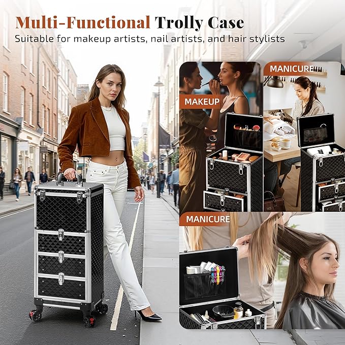 Rolling Makeup Train Case with 3 Drawers, Nail Trolley Cart Salon Station Cosmetology Case on Wheels Organizer Cases for Nail Tech,SPA,Face Painting,Hairstylist,Makeup Artist (Silver & Black)