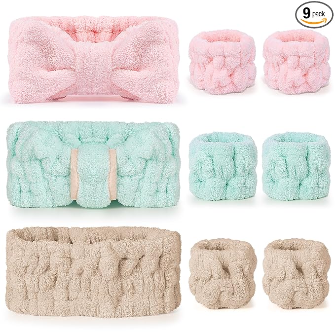 DiyJibb 9 Pcs Spa Headband for Washing Face,Skincare Headband and Wristband Set,Women Teen Girls Facial Hairbands for Washing Face, Makeup, Sports, Yoga (light green + pink +khaki)