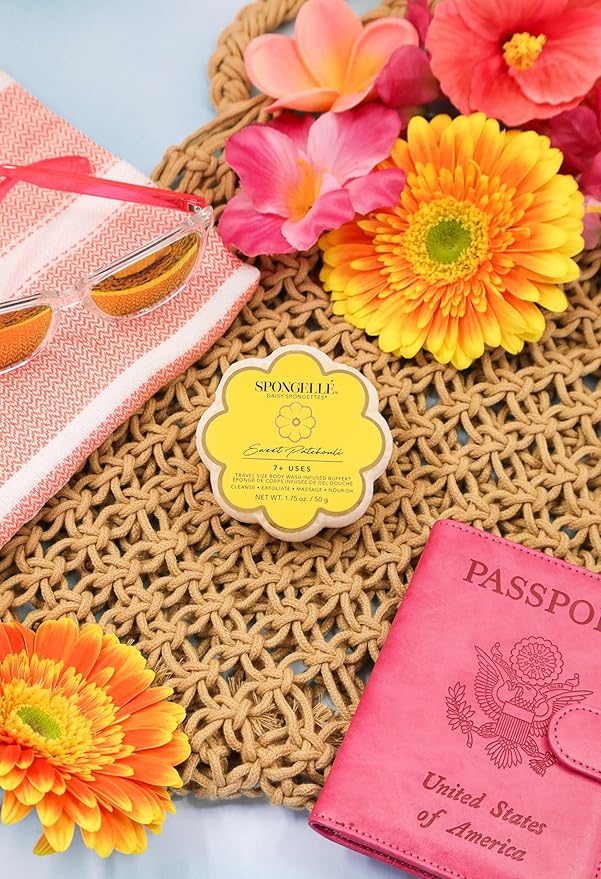 Spongellé Sweet Patchouli Daisy Spongette Bath Sponge | Built-in Body Wash & Body Scrubber, Shower Loofah Sponge for Women, Travel Essentials | 7+ uses