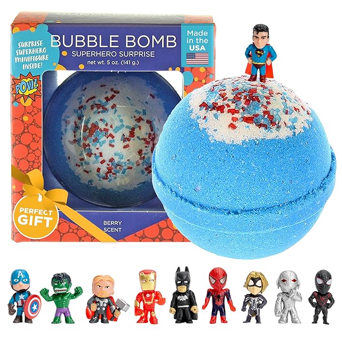 Superhero Bath Bombs for Kids & Boys with Surprise Hero Toys Inside (1 Pack) - Large Bubble Bath Bombs for Boys & Girls - Boys Easter Basket Stuffers & Gifts - Fruity Scent, USA Made by Two Sisters