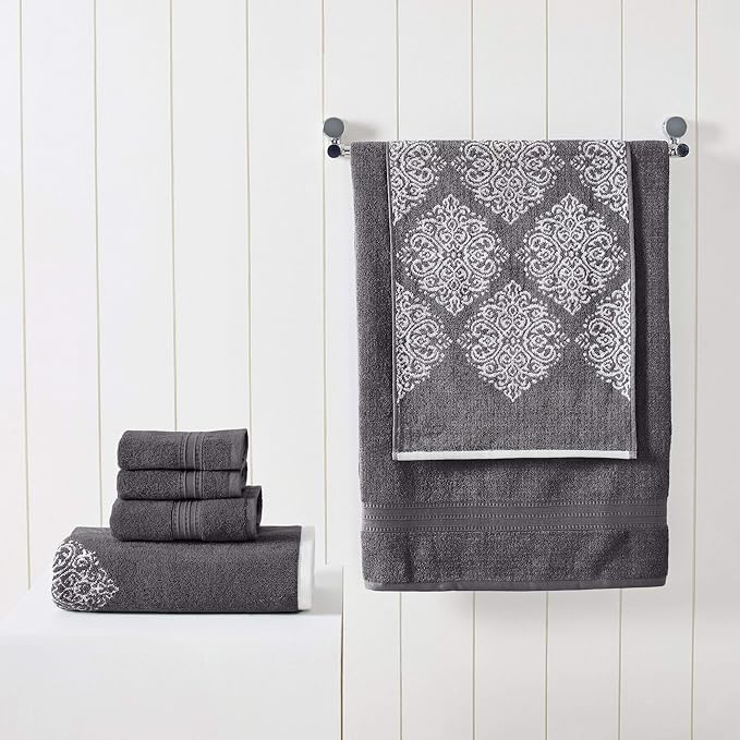 Modern Threads 6 Piece Reversible Yarn Dyed Jacquard Towel Set Artesia Damask Platinum