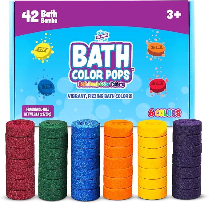 Tub Works® Bath Color Pops™ Moisturizing Kids Bath Bombs, 42 Count | Bath Bomb Refills for Bath Color Brush | Nontoxic & Fragrance-Free | 6 Unique Colors | Fizzy, Vibrant Water Color Tablets
