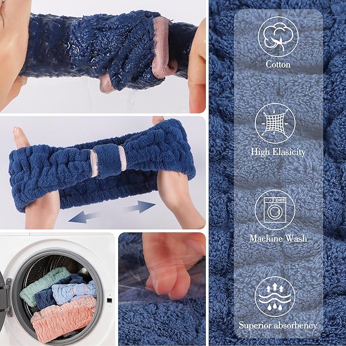 DiyJibb 9 Pcs Spa Headband for Washing Face,Skincare Headband and Wristband Set,Women Teen Girls Facial Hairbands for Washing Face, Makeup, Sports, Yoga (dark blue + beige + orange red)