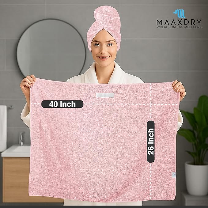100% Cotton Large Hair Towel Wrap for Women, Men & Kids – Non-Microfiber 450 GSM Thick Super Absorbent Hair Towel 26x40 Inches, Secure Elastic Hair Wrap for Long & Curly Hair (Pink)