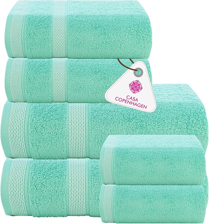 CASA COPENHAGEN Solitaire 6Pcs 100% Egyptian Cotton Large Designer Towels Gift Set- Aqua Blue, 600GSM, 2Bath 2Hand 2Washcloths, Bath Towels for Bathroom Set for Women & Men
