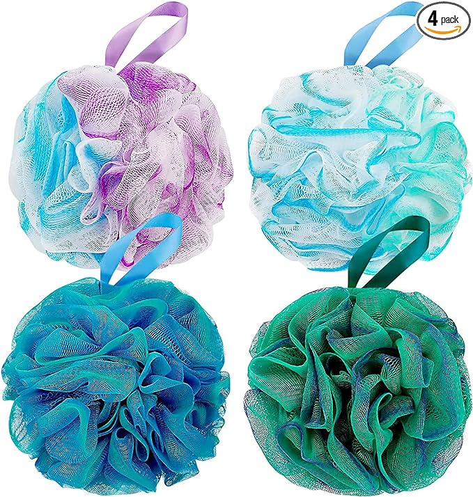 DadyMart Shower Loofah Sponge Pouf – XL Exfoliating Bath Puff Body Scrubber, Soft Mesh Shower Sponge with Reinforced Knot, Rich Lather, Set of 4 for Women and Men