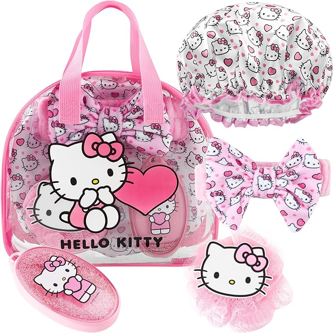 Hello Kitty Sanrio Shower Accessories Set, Kawaii Toiletry Bag with Shower Cap Headband Bath Sponge, Gifts for Girls, Teens, Women (Pink Hello Kitty)