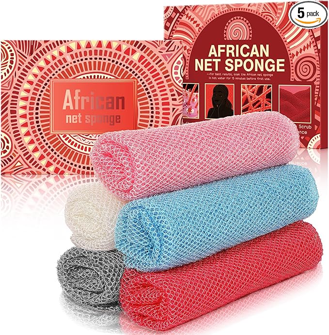 5 Pieces African Net Sponge – Deep Cleansing & Exfoliating Mesh for Glowing Skin – Stretchable, Quick-Dry Material for Daily Shower Use (Pink, Blue, Red, Gray, White)