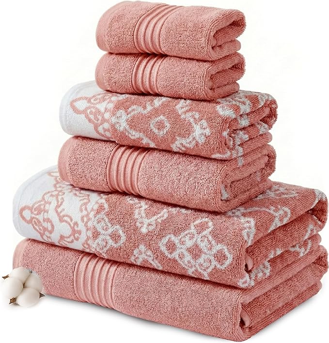 Modern Threads Charlize 6-Piece 100% Cotton Towel Set – Reversible Yarn Dyed Jacquard & Solid – Includes 2 Bath Towels, 2 Hand Towels, 2 Washcloths – Absorbent, Quick Dry, Soft & Durable – Clay