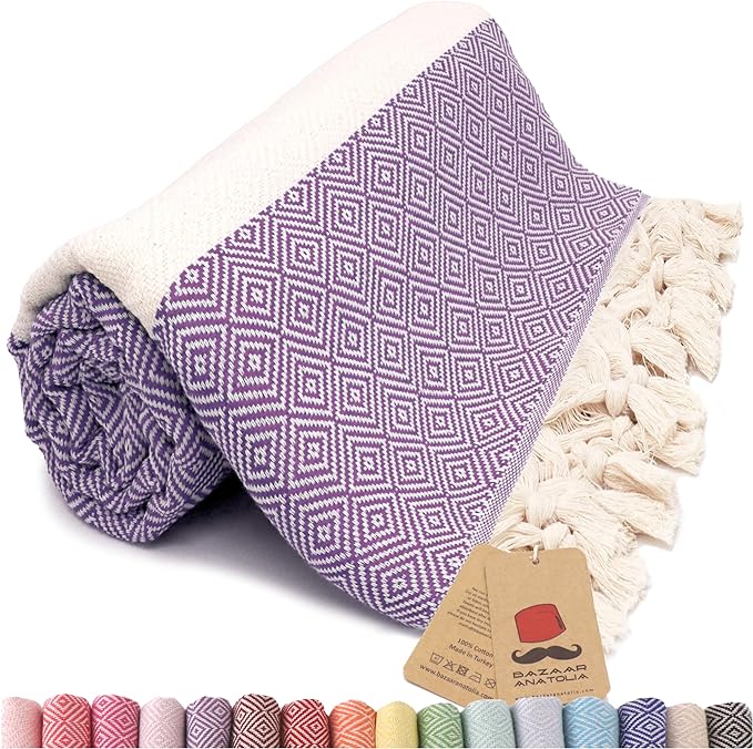 Bazaar Anatolia Turkish Beach Towel – 100% Cotton, Quick Dry, Sand Free Towel for Bathroom, Camping, Travel – Oversized 71x39 Inches – Diamond Purple