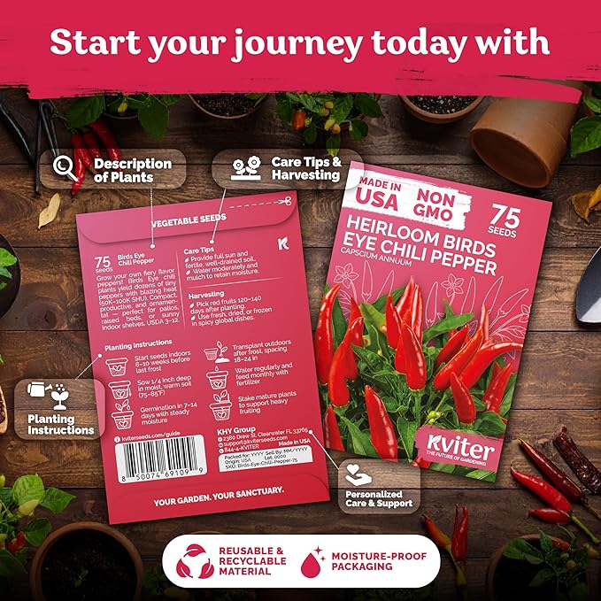 KVITER 75 Birds Eye Chili Pepper Seeds for Planting (Capsicum Annuum) — Thai Chili Red Pepper, Extra‑Hot 50K-100K SHU, High‑Yield Bush — Heirloom & Organic Vegetable Seeds for Outdoor & Indoor Garden
