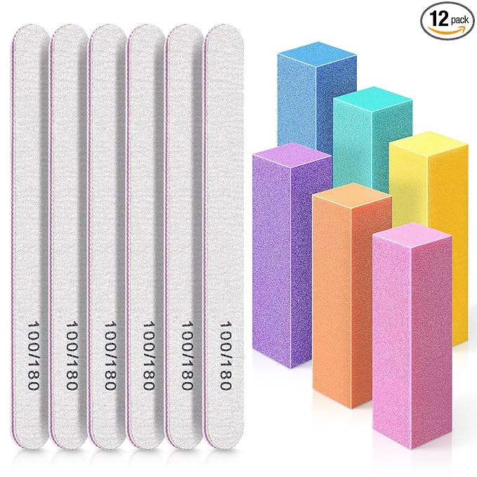 Nail Files and Buffer, TsMADDTs Professional Manicure Tools Kit Rectangular Art Care Buffer Block Tools 100 180 Grit 12 pcs(White)