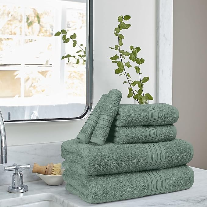BOUTIQUO 6 Pack Cotton Towel Set, Contains 2 Bath Towels 28x55 inch, 2 Hand Towels 16x24 inch & 2 Wash Coths 12x12 inch, Ideal Everyday use, Ultra Soft Compact & Lightweight - Jade