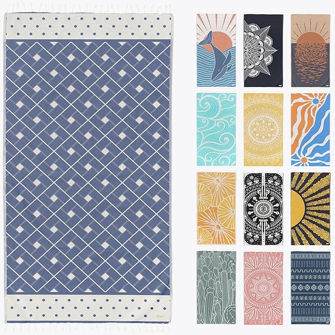 FESHKA Sand Free Turkish Beach Towel (37 x 67) Quick Dry Bath Towel, Oversized Beach Blanket, Lightweight for Travel - Made with 100% Organic Turkish Cotton - Medor (Denim)