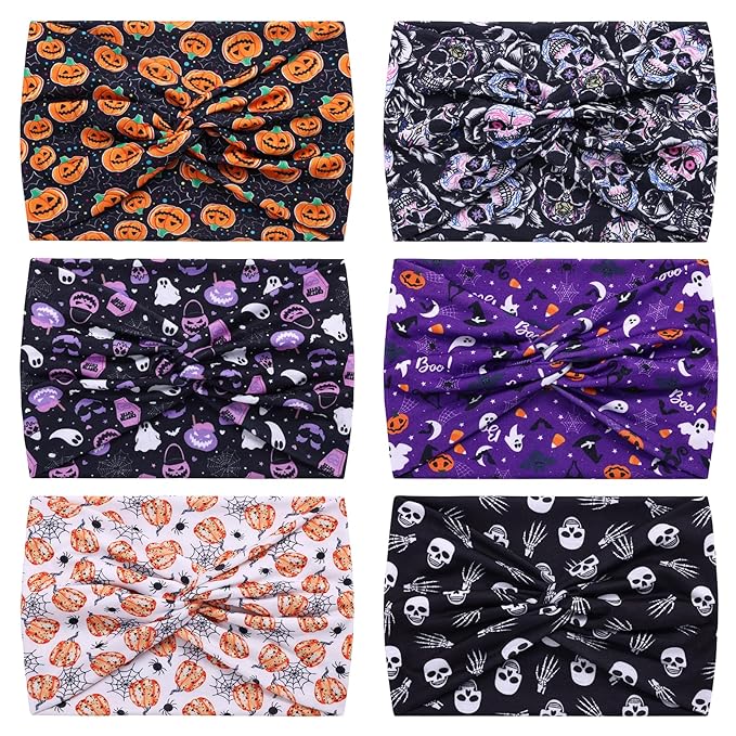 HAUHC 6 Pack Halloween Headbands for Women Hair Bands Skull Headbands Pumpkin Bat Wide Holiday Hair Bands, Holiday Gift Hair Accessories
