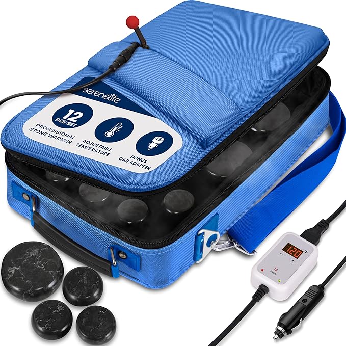 SereneLife Portable Massage Stone Warmer Set - Electric Spa Hot Stones Massager and Heater Kit with 6 Large and 6 Small Round Shaped Basalt Massaging Rocks, Digital Controller Heating Bag
