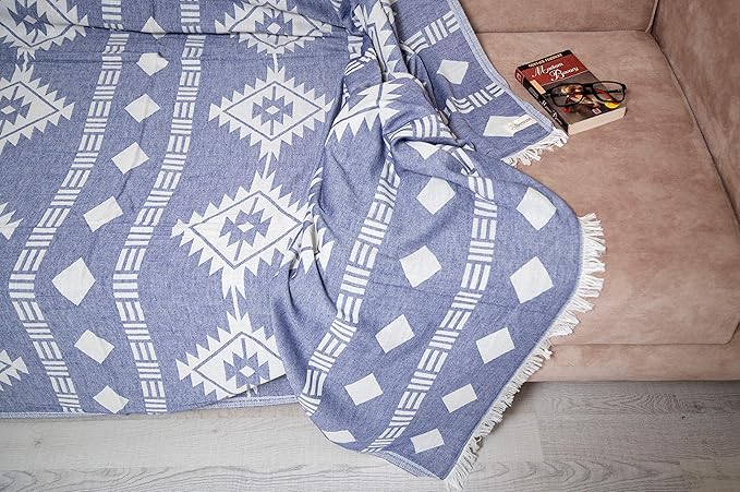 Bersuse 100% Cotton Belize XL Throw Blanket Turkish Towel Beach Blanket - Beach Camping Essentials - 75x90 Inches, Dark Blue