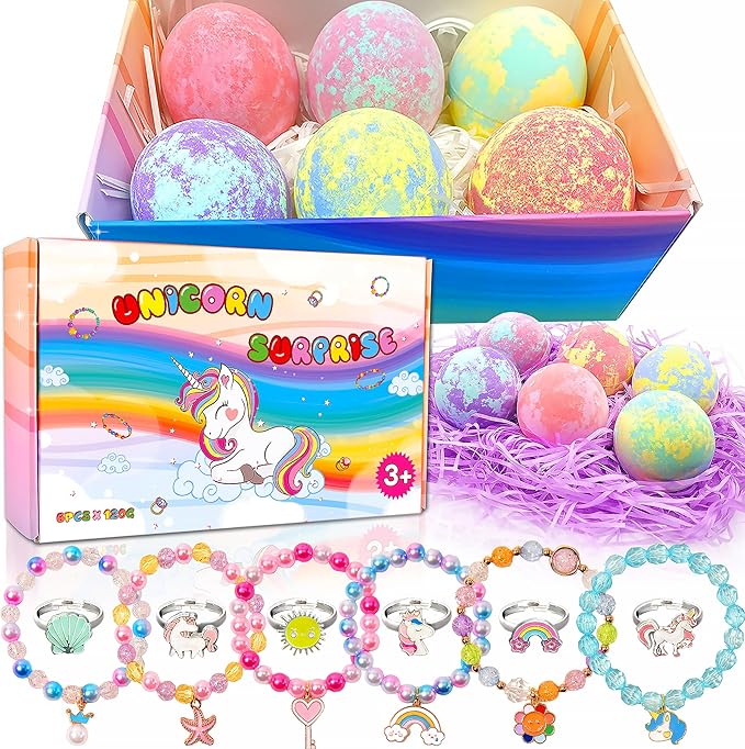 Unicorn Bath Bombs for Kids with Surprise Inside 3 4 5 6 7 8+ Year Old Girl Birthday Gifts for Kids Girls, Kids Bath Bombs with Toys Inside Birthday Gifts Unicorn Gifts for Kids Girls
