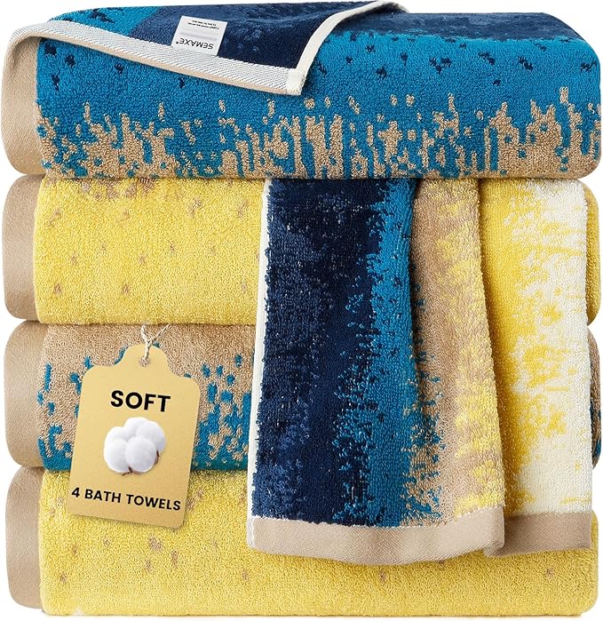 SEMAXE 4 Piece Coastal Ombre Bath Towel Set for Bathroom, 100% Cotton Bath Towel with Hanging Loop, 55 x 27 Inch, Soft Absorbent & Quick Dry, for Bathroom & Travel