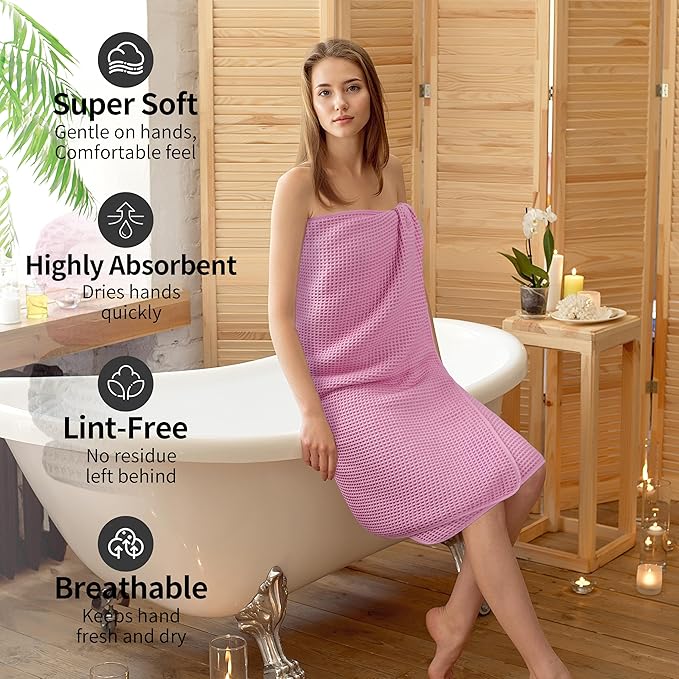 MICROFI New Microfiber Waffle Bath Towels, 2 Pieces, Oversized, Soft, Absorbent, Fast Drying, Lint Free 430 GSM (Gray+Pink)