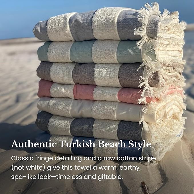 Lightweight Turkish Beach Towel - 100% BCI Cotton, Unbleached Raw Fringe, Oeko-TEX Certified, Absorbent, Eco-Friendly, 36x66”, Coral Pink & Natural Stripes, Portable Sarong Blanket for Pool, Travel