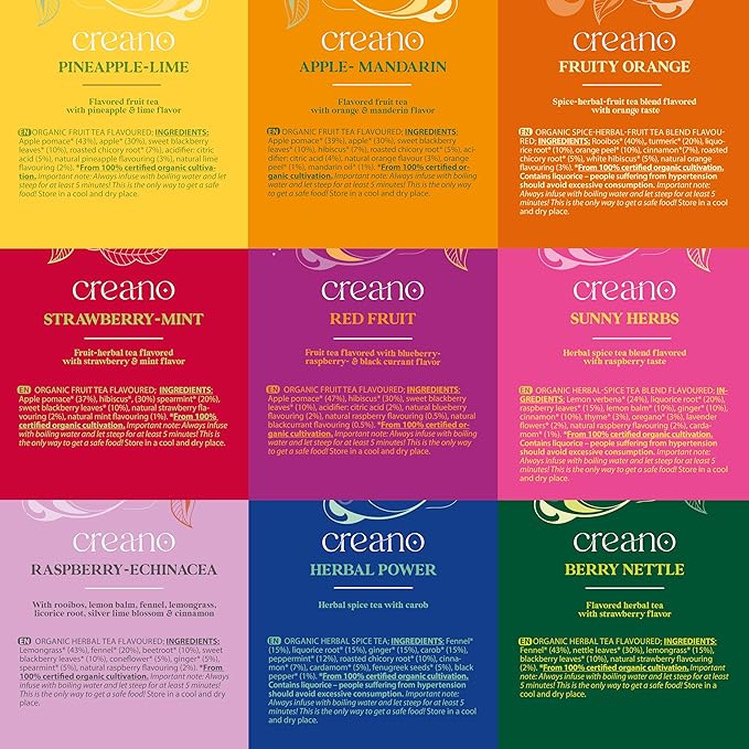 Creano Organic Herbal & Fruit Tea Gift Set – 45 Organic Tea Bags in 9 Dreamy Varieties – 90 g*