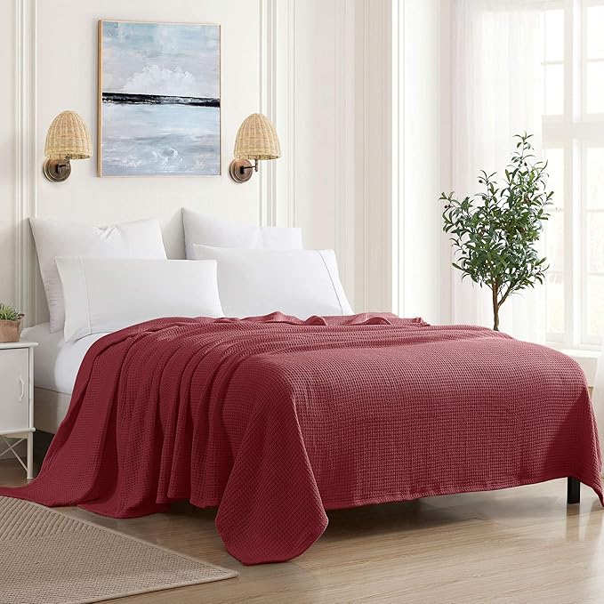 Sweet Home Collection 100% Fine Cotton Blanket Luxurious Basket Weave Stylish Design Soft and Comfortable All Season Warmth, King, Burgundy Red
