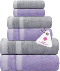 CASA COPENHAGEN Solitaire 6Pcs 100% Egyptian Cotton Large Designer Towels Gift Set- Grey Violet-Purple, 600GSM, 2Bath 2Hand 2Washcloths, Bath Towels for Bathroom Set for Women & Men