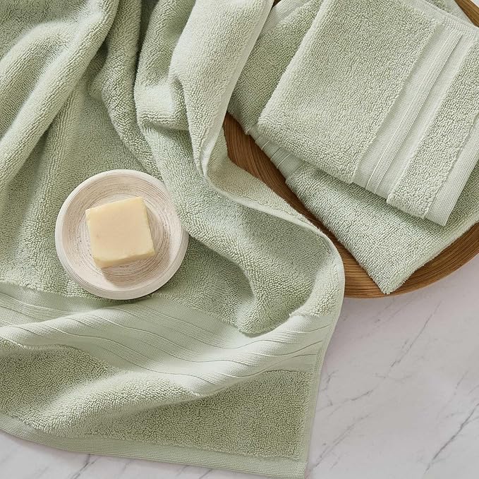 Martha Stewart - Bath Towels, Soft & Absorbent 100% Cotton Towels, Plush 700 GSM, 6-Piece Bathroom Towel Set with Textured Dobby Weave (Skyland Manor Green)
