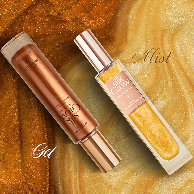 Absolute New York - Silk Glow Shimmer Mist Glow, Radiant, Shimmer Body & Face & Hair, Shea Butter, Coconut Oil, Vitamin E (SBGS15 Majestic Gold Gel, 3.4 fl oz)