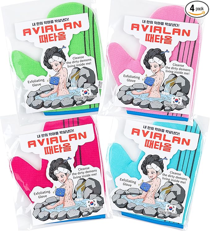 Exfoliating Glove Korean Skin Care Body wash loofah face Lip Body Scrub Dry Brushing Body Brush Foot Back Scrubber scrubbing Bathing Sponge Black Head Remover Gloves (4colors, 4pack)