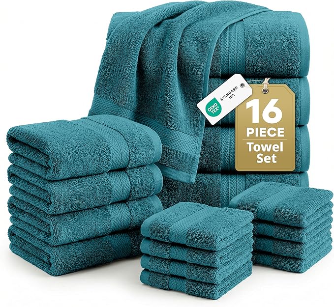 LANE LINEN Luxury Cotton Bath Towel Set of 16 - Soft, Absorbent & Quick Dry - 4 Bath, 8 Washcloths, 4 Hand Towels for Bathroom - OEKO TEX Certified - Smart & Durable Choice for Every Home - Sea Port