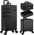 3 in 1 Rolling Makeup Train Case Professional Large Cosmetic Trolley Cosmetology Case on Wheels Traveling Cart Trunk for Hairstylist Artist Nail Beauty Salon Barber, Black