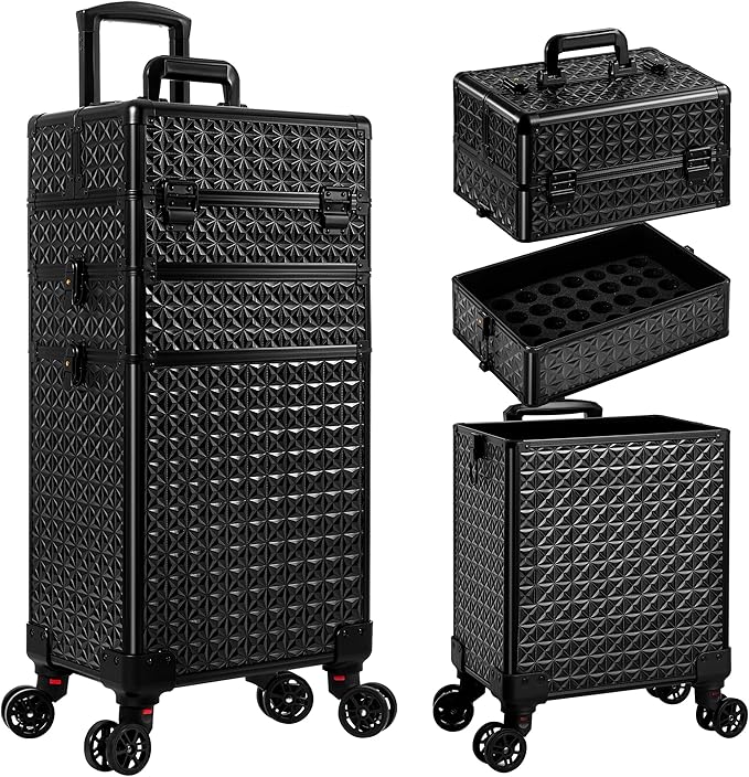 3 in 1 Rolling Makeup Train Case Professional Large Cosmetic Trolley Cosmetology Case on Wheels Traveling Cart Trunk for Hairstylist Artist Nail Beauty Salon Barber, Black