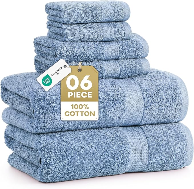 LANE LINEN 100% Cotton Bath Towels 6 Piece Set - Super Soft, Quick Dry & Absorbent - 2 Bath, 2 Washcloths, 2 Hand Towels for Bathroom - Hotel Quality, Minimal Lint after 3 Washes - Cerulean Blue