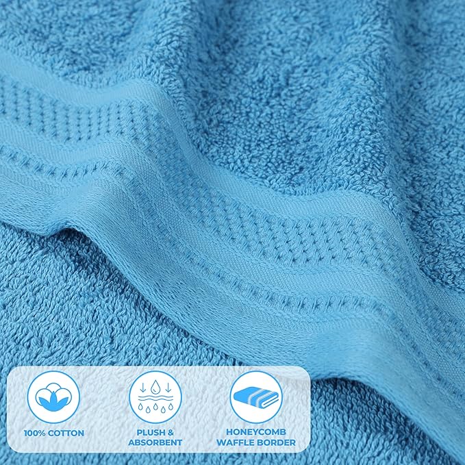 Superior Honeycomb 100% Cotton 500 GSM 12 Piece Bath Towel Set, 6 Washcloths, 4 Hand, 2 Bath Towels, Ideal for Bathroom, Kitchen or Beach, Quick Dry, Jacquard and Solid, Mid-Weight, Azure