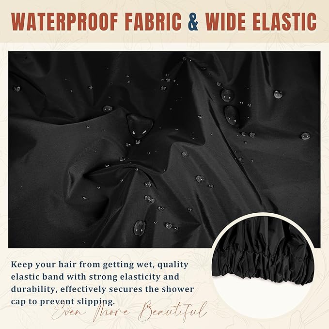 Reusable Shower Cap for Women, Large Waterproof Shower Bonnet with Elastic Band, Washable Bath Hair Cap for Long, Curly Hair, Braids, Daily Shower, Home Spa, Travel(Black)